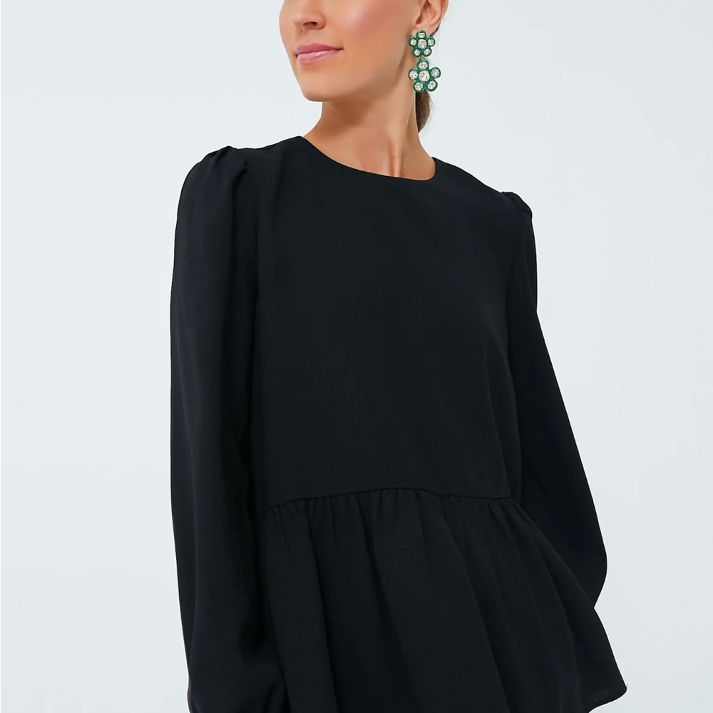 Pomander Place Black Puff Sleeve Blouse with Crew Neck and Peplum Style